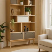 Made.Com Campton Oak & Grey Finish Wide Bookcase 